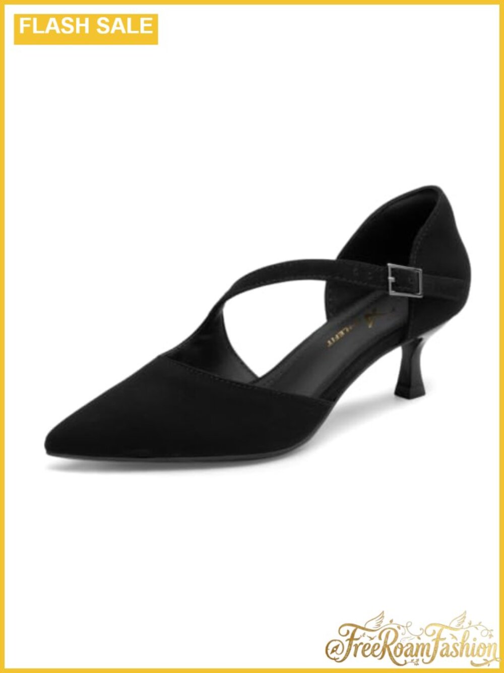 Pointed Toe Kitten Heel Pumps with Ankle Strap Buckle Closure